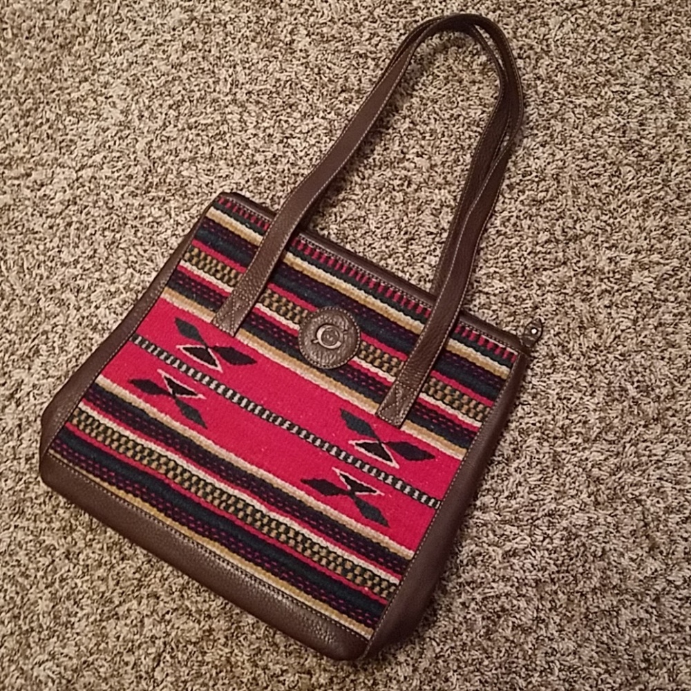Born multicolor pattern wool and leather tote